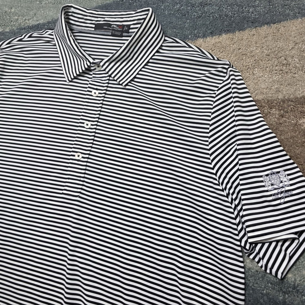 RLX Ralph Lauren Men’s XL Black White Striped Golf Polo Stretch Performance
